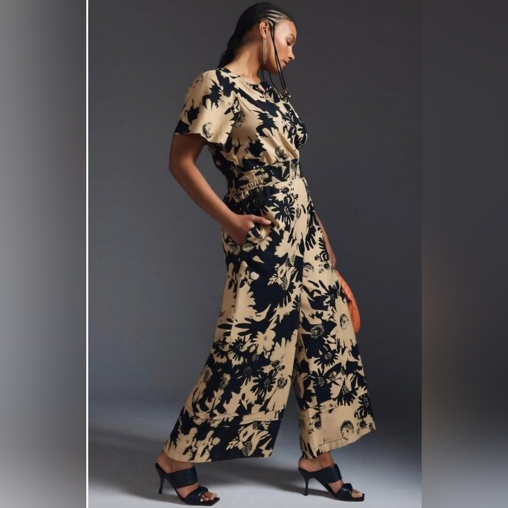 Anthropologie Black and Tan Somerset Jumpsuit